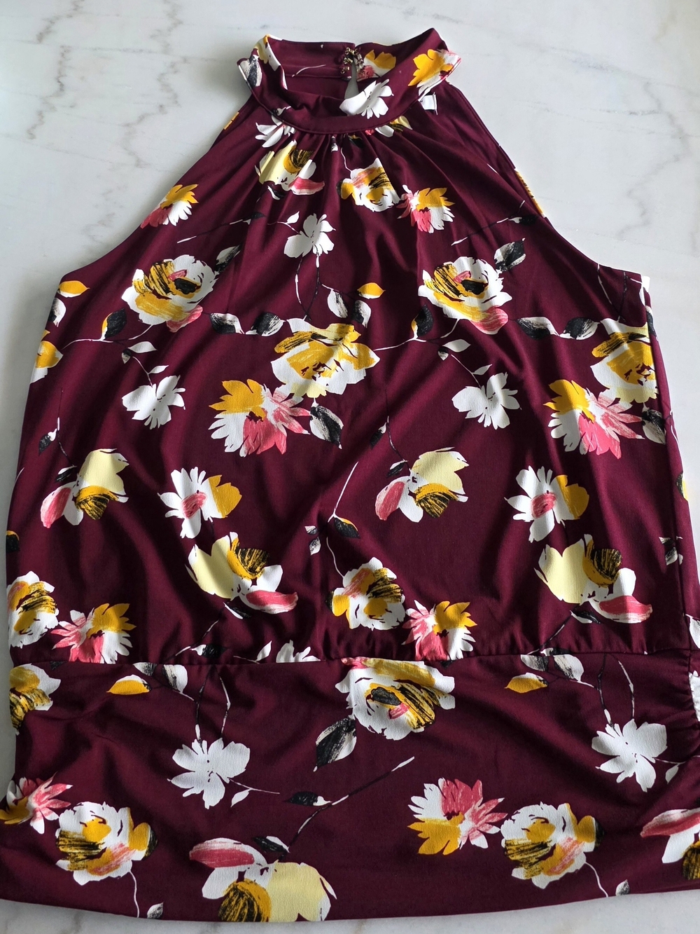 White House Black Market Burgundy High-Neck Floral Blouse